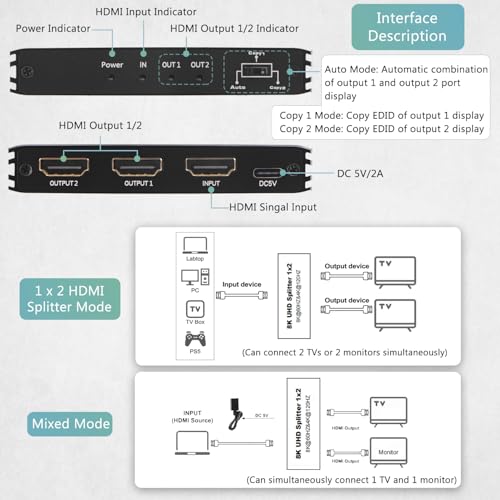 8K@60Hz HDMI Splitter 1 in 2 Out, 1x2 HDMI 2.1 Splitter Support 4K@120Hz, 1080P@240Hz VRR HDCP2.3 HDR HDR10 48Gbps EDID Dolby Atmos 7.1ch - size: 1x2