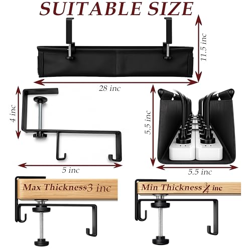 No-Drill Under Desk Cable Management Tray, 28", Black Standing Under Cable | No Drill, Fabric Cord Organizer with Reinforced Base, Clamp Mount Wire Management, For Office/Home & Standing Desk
