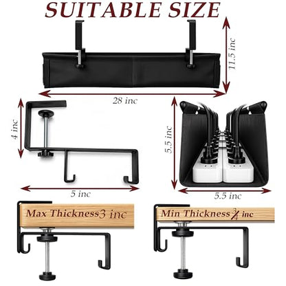 No-Drill Under Desk Cable Management Tray, 28", Black Standing Under Cable | No Drill, Fabric Cord Organizer with Reinforced Base, Clamp Mount Wire Management, For Office/Home & Standing Desk