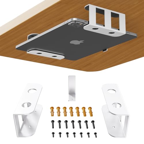 BYMECOST Under Desk Laptop Mount, Metal Under Desk Storage Holder, White | for Devices Up to 2.1" Thick, MacBook, Mini, Keyboard, Router, with Anti-Scratch Silicone - color: White, size: 2.1" without hook