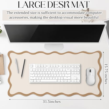 Hahafelt Scalloped Desk Mat Large Desk Pad Cute Coquette Table Mat Back to School Preppy Table Make up Pad Nonslip Graduation Gift with Stitching Waterproof Gaming(Beige,31.5 x 15.8 Inches) - color: Beige, size: 31.5 x 15.8 Inches