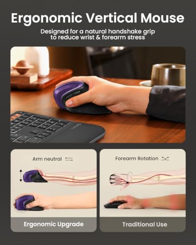 ProtoArc EM11 NL Wireless Ergonomic Mouse, Rechargeable, Black Purple | 58° vertical design supports a natural wrist posture, connect 3 devices via Bluetooth/2.4G USB-A, 500mAh USB-C rechargeable. - color: Black Purple