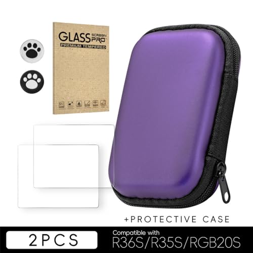 Hesupy Storage Case with 2PCS Protective Film for R36S/R35S/RGB20S Handheld Game Console, Travel Carrying Bag Hard EVA Protective Cover Organizer with 2 Keycaps (Purple Set) - color: Purple Set