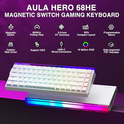 AULA Hero 68 HE 60% Gaming Keyboard Wired, Hall Effect Magnetic Switch Keyboard with 8K Hz Polling Rate, Side Printed PBT Keycaps, RGB Backlit Light Box, Customizable Web Software for PC/Mac Gamers - color: Line White