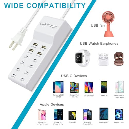 USB C Power Strip USB Charging Station 4 USB-A Ports and 8 USB-C Ports Multiple USB Charging Block with Auto-Detect Technology Compatible with Smart iPhone Tablet Laptop Multiple Devices