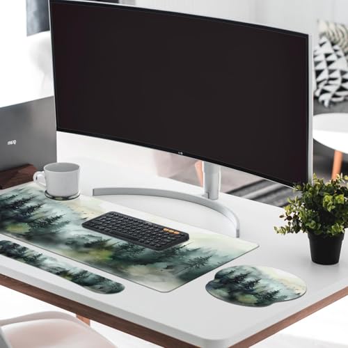 Britimes Green Ink Style Mountain Forest Keyboard Mouse Pad Set 4in1 Large Mousepad+Keyboard Wrist Rest+Mouse Wrist Rest+Coaster Set with Ergonomic Design for Home Office Computer 35.4x15.7 inches - color: Ink Style Mountain Forest