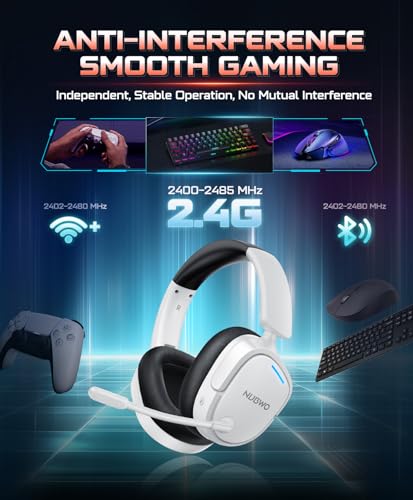 NUBWO 2.4GHz Wireless Gaming Headset for PS5, PS4, PC, Laptop, Mac, 7.1 Surround Sound, Noise Canceling Mic, 20ms Low-Latency, 80Hr Battery, Lightweight & Foldable Bluetooth Gaming Headphones-White - color: White/Black