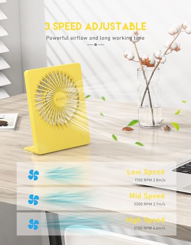 Zuvas Desk Fan Small Rechargeable Battery Table Fans for travel Ultra Quiet | 180° Tilt Folding, LED Dislay, Portable Fan Slim Design, 3 Speed Adjustable, for Office Bedroom Desktop, Cruise Essentials - color: Yellow