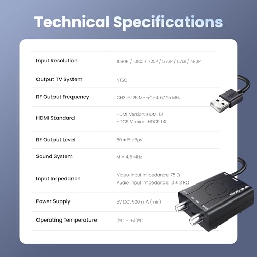 [Upgrade]kurtmark HDMI to RF Modulator with 1.2M HDMI Cable & Power Adapter | Plug and Play Coax RF Converter for TV, 1080P PLL Control NTSC Output CH3/CH4 RF Converter for Antenna TVs and Game Consoles