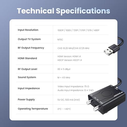 [Upgrade]kurtmark HDMI to RF Modulator with 1.2M HDMI Cable & Power Adapter | Plug and Play Coax RF Converter for TV, 1080P PLL Control NTSC Output CH3/CH4 RF Converter for Antenna TVs and Game Consoles