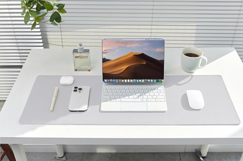 ALOANES Silvery Waterproof Desk Mat, Large Mouse Pad with Extended Mouse Mat, with Anti Slip Base, Stitched Edge, Grain Jacquard Surface, Perfect for Gamer, Office & Home, 3XL(15.74''x35.43''x0.12'') | Silver Waterproof Fabric Mousepad for Keyboard, Compu