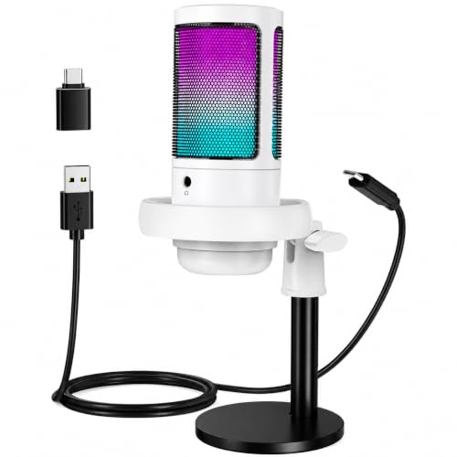 USB Condenser Microphone with RGB Lighting for PC Streaming | Gain Knob Control, Headphone Monitoring Jack, Podcasting Ready, Includes USB-C Adapter, Desktop Stand Included