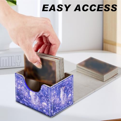 Magnetic Closure TCG Deck Box Portable Card Holder Trading Card Deck Box | PU Leather Collectible Card Case Game Trading Card Deck Box Storage Scratch Resistant Lining, Cat In Purple Flower Field - color: Cat In Purple Flower Field