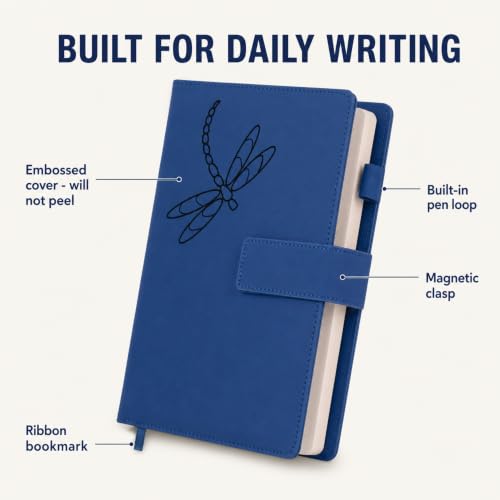 The Amazing Office Dragonfly Refillable Journal, Blue Faux Leather, 200 Lined Pages, 5.75x8.5 Inch Notebook with Magnetic Clasp and Pen Holder, Writing Diary for Women and Men - color: Dragonfly Blue