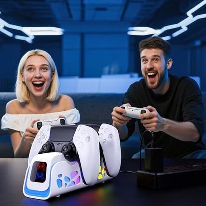 PS5 Controller Charger Dock for DualSense/Edge, 6 RGB Modes | ABS shell for PS5 setups charges DualSense/Edge controllers with auto-align dock, 6 RGB modes and safety chip