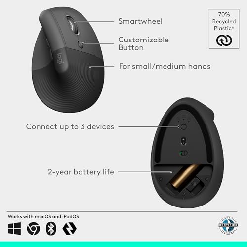 Logitech Lift Vertical Ergonomic Wireless Mouse - Graphite | Connect via Bluetooth or included Logi Bolt USB-A receiver, quiet clicks, 4 of 6 buttons customizable, Windows Mac compatible - color: Graphite, style: Right-Handed