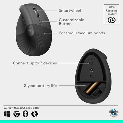 Logitech Lift Vertical Ergonomic Wireless Mouse - Graphite | Connect via Bluetooth or included Logi Bolt USB-A receiver, quiet clicks, 4 of 6 buttons customizable, Windows Mac compatible - color: Graphite, style: Right-Handed