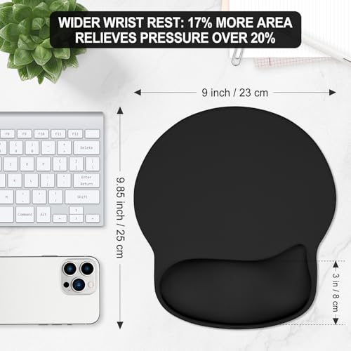 ITNRSIIET Ergonomic Mouse Pad with Wider Memory Foam Wrist Rest +17% - Curved Cushion Reduces Pressure 20%, Pain Relief, Non-Slip, Smooth, Cute Colors, 9.85 x 9 in, Black - color: Black