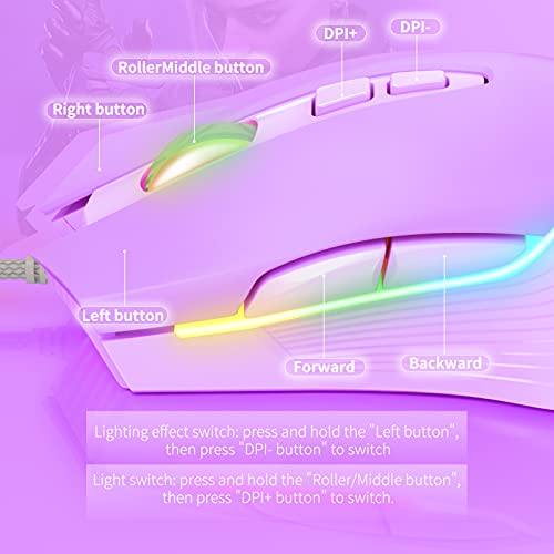 Cute RGB 6400 DPI Wired Gaming Mouse Breathing LED Optical USB 7 Buttons Gamer Computer Pink Mice for Laptop PC Desktop (Purple) - color: Purple