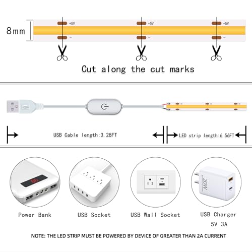 LED Strip Lights, COB Touch Dimmable 5V USB 3000K Warm White (6.56ft/2m) | 640 LEDs, Touch Stepless COB LED Strip, 10W Flexible, Bedroom Kitchen DIY Lighting Room Decor TV Lights - color: 6.56FT/3000K