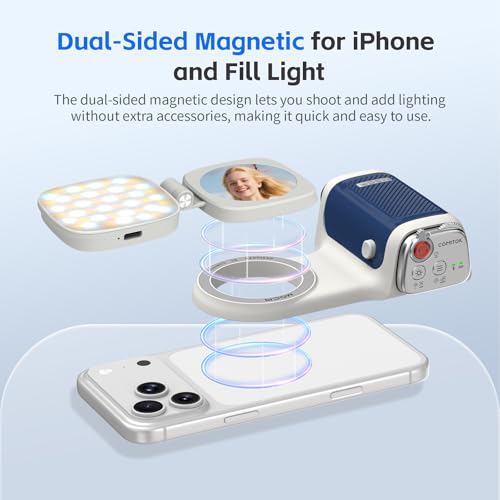 COMITOK iPhone Camera Grip MOCA with Magnet Fill Light & Mirror for 17 Pro iOS26 Native Camera, Fun Shot Magnetic Grip for Phone Compatible iOS17 and iOS18 with Anti-Drop Detachable Remote & Keychain - color: Blue