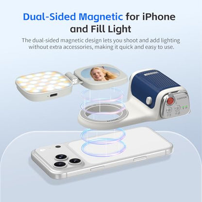 COMITOK iPhone Camera Grip MOCA with Magnet Fill Light & Mirror for 17 Pro iOS26 Native Camera, Fun Shot Magnetic Grip for Phone Compatible iOS17 and iOS18 with Anti-Drop Detachable Remote & Keychain - color: Blue