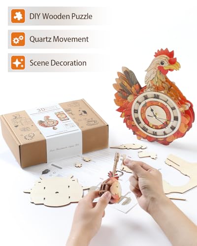 3D Wooden Puzzles for Adults, Hen Wall Clock DIY Set (with Pendulum), Beginner 29 Pcs Wooden Puzzles, Creative Gift Ideas for Adults Teens - color: Hen