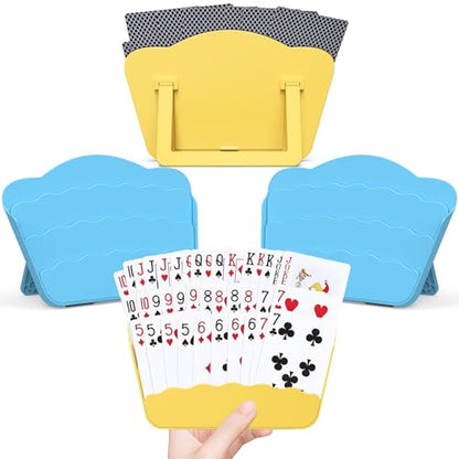 RESOVO Playing Cards Holders Stands Decks w/ Foldable Tabletop Stand, 3 Layers Design for Poker UNO Cards, Playing Card Accessories, Set of 4 (2 Blue + 2 Yellow) - color: 2 Blue + 2 Yellow