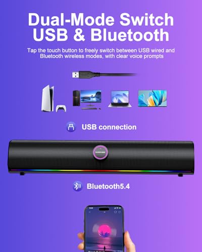 Computer Speakers for Desktop PC, Bluetooth 5.4 Sound Bar with Bass Boost, RGB Light Modes & Touch Buttons – HiFi Stereo USB Speakers for Gaming, Movies, Music, and Home Office - color: USB Powered