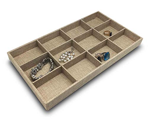 The Display Guys - Stackable Jewelry Organizer and Display Tray - for Drawers, Dressers, Store, Businesses (12 Compartments, Beige Burlap) - color: Beige Burlap, size: 12 Compartments