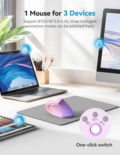 TECKNET Ergonomic Mouse Wireless, Rechargeable Vertical Mice Right Hand | Bluetooth+2.4G, Multi Device, 4800 DPI Adjustable, Optical Carpal Tunnel Mouse for Laptop, PC, Computer, MacBook, Pink Purple - color: Pink Purple