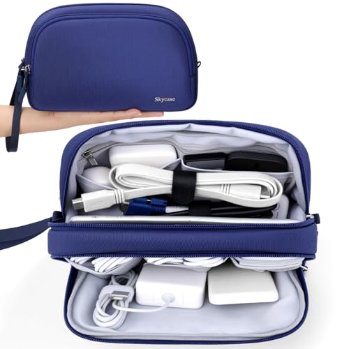 Skycase Travel Cable Organizer - Lightweight Water Resistant Dual-Layer Tech Pouch with Wrist Strap 9 Compartments Electronic Organizer Travel Case for Charger Cord Hard Drive,Large,Blue - color: Blue, size: L