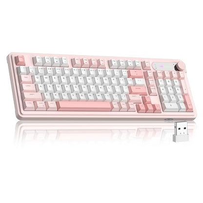 MageGee GK960 Wireless Keyboard, 98 Keys Tri-Mode BT/2.4G/Wired Membrane Gaming Keyboard, RGB Creamy Keyboard with Number Pad, Knob Control, 4000mAh Battery - Sakura Pink - color: Sakura Pink