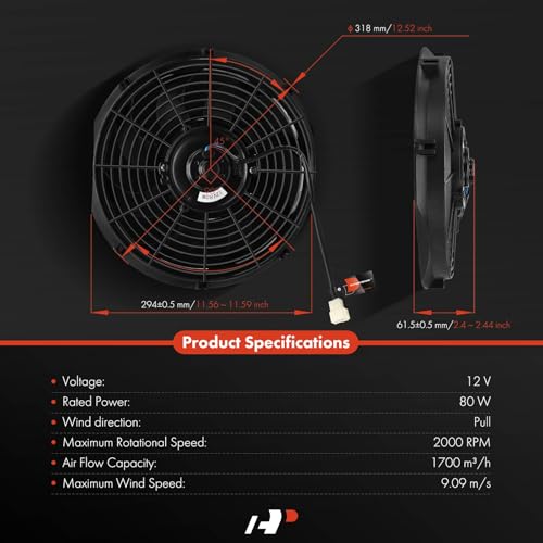 A-Premium 12'' 12 inch Slim Universal Electric Cooling Fan Assembly | 1700 m3/h, 12V 80W, Pull Fan with Mount Kit - style: 12 inch