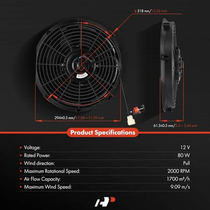 A-Premium 12'' 12 inch Slim Universal Electric Cooling Fan Assembly | 1700 m3/h, 12V 80W, Pull Fan with Mount Kit - style: 12 inch
