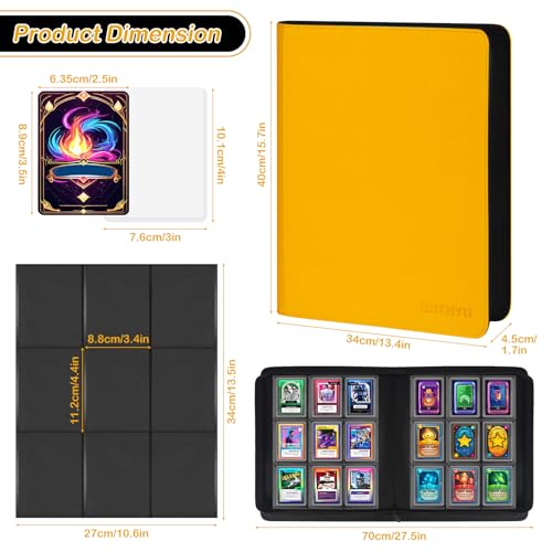 WITHYU Top Loader Binder 9 Pocket, Holds 288 Toploaders for 3" x 4" Trading Cards, PU Leather Ringless Zipper Album with Double-Sided Pages, Yellow - color: Yellow, size: 9 Pocket