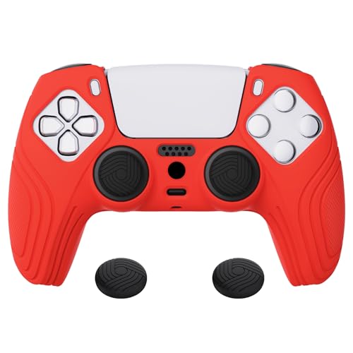 eXtremeRate PlayVital Samurai Edition Passion Red Anti-Slip Controller Silicone Skin for ps5, Ergonomic Soft Rubber Protective Case for ps5 Controller with Black Thumb Stick Caps - color: Passion Red