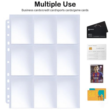 Trading Card Sleeve Pages, HERKKA 200 Pack 9 Pocket Album Pages 11 Holes Fit 3 Ring Binder - size: 200 Pack