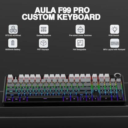 AULA F99 Pro Wireless Mechanical Keyboard with Knob,Gasket Structure,Tri-Mode BT5.0/USB-C/2.4GHz Hot Swappable Keyboard,Creamy Sound,RGB Backlit PBT Keycaps Computer Gaming Keyboards - color: With Knob-Side Prined-Black