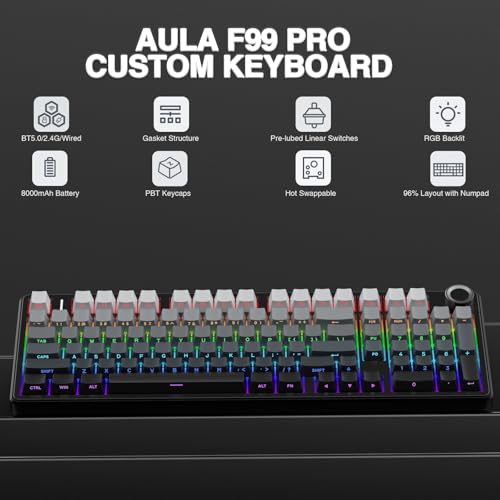 AULA F99 Pro Wireless Mechanical Keyboard with Knob,Gasket Structure,Tri-Mode BT5.0/USB-C/2.4GHz Hot Swappable Keyboard,Creamy Sound,RGB Backlit PBT Keycaps Computer Gaming Keyboards - color: With Knob-Side Prined-Black
