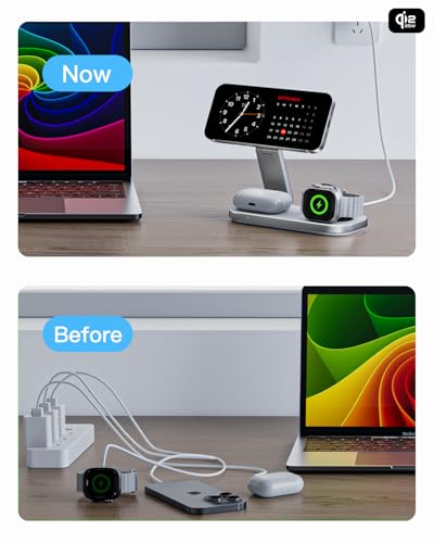 3-in-1 Charging Station for Apple Device, Qi2 25W Certified Magnetic Wireless Foldable Fast Charger Stand Compatible with MagSafe for iPhone 17e/17/16/15/14/13/12/Air Series, Apple Watch & AirPods - color: White+Silver