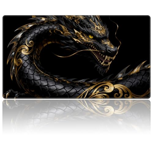 for MTG Playmat 24 x 14 inches for TCG Playmats Non-Slip Rubber Base Commander Playmat HD Cover for MTG Play Mat Iorcana Trading Card Game, Black Dragon with Gold Patterns - color: Black Dragon With Gold Patterns, size: 24" x 14"