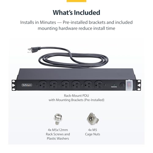 StarTech 14-Outlet 1U PDU, 6 Front 8 Rear, Surge, TAA (1415B8H-RACK-PDU-SP) | Server power strip, Mounted power distribution unit, 6x front and 8x rear ports, 15A breaker, 3000 joule surge protection - style: 14-port|15A|Surge Protect