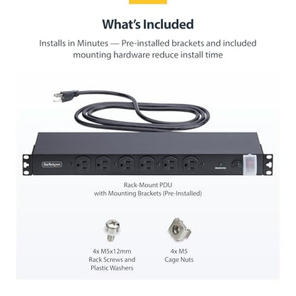 StarTech 14-Outlet 1U PDU, 6 Front 8 Rear, Surge, TAA (1415B8H-RACK-PDU-SP) | Server power strip, Mounted power distribution unit, 6x front and 8x rear ports, 15A breaker, 3000 joule surge protection - style: 14-port|15A|Surge Protect