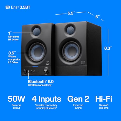 PreSonus Eris 3.5BT Studio Monitors, Pair — 3.5" Inch Powered Bookshelf Speakers, Stereo, Desktop Computer, Near Field Music Production, Audio Mixing Recording, Black | 3.5 Woven Woofer, 1 Silk-Dome Tweeter, 25W and Side, Trs, Rca and 3.5mm Inputs, High a