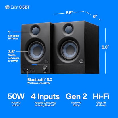 PreSonus Eris 3.5BT Studio Monitors, Pair — 3.5" Inch Powered Bookshelf Speakers, Stereo, Desktop Computer, Near Field Music Production, Audio Mixing Recording, Black | 3.5 Woven Woofer, 1 Silk-Dome Tweeter, 25W and Side, Trs, Rca and 3.5mm Inputs, High a