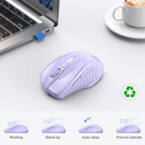 TECKNET Wireless Mouse, BT 5.0/2.4G, Silent 4800 DPI 6 Buttons, Lavender | Bluetooth 5.0/3.0 & USB A, 2-Device Easy Switch, Wide OS Compatible, 6-DPI, Ergonomic for S/M Hands, Extended Battery - color: Lavender