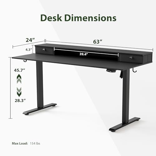 Agilestic 63 x 24 Inches Electric Standing Desk with 2 Storage Drawers, Stand Up Desk Adjustable Height, Sit and Stand Computer Table with Splice Board, White - color: Black, size: 63 x 24 Inches with 2 drawers