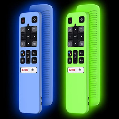 2 Pack Case for TCL RC802V FMR1 FNR1 Smart Voice Remote Control, Skin-Friendly Silicone Protective Cover Shockproof Anti Slip Anti-Lost with Lanyard, Glow Green & Glow Blue