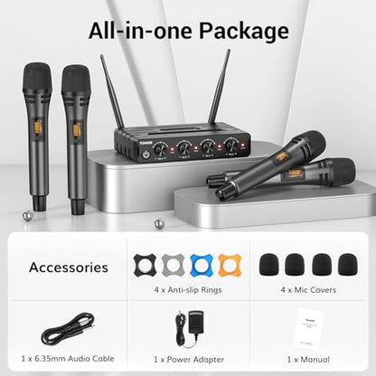 TONOR Wireless Microphones System with 4x10 Channels Cordless Handheld Microfono Inalambrico, 60 m/200FT UHF Range, Mics with Stable Signal Transmission for Karaoke Singing Party Church Wedding - style: 4 Handheld Mics Grey